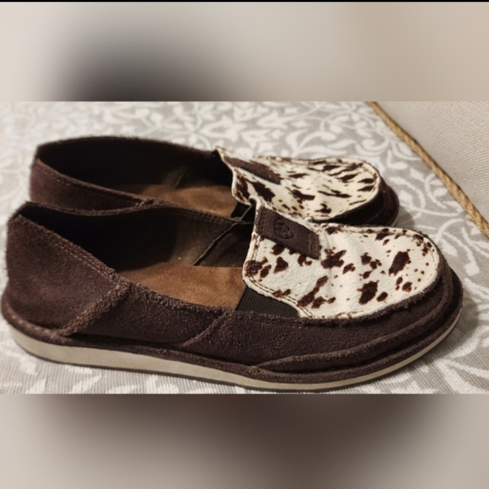 Ariat Brown and White Moccasins with Cowhide Pattern